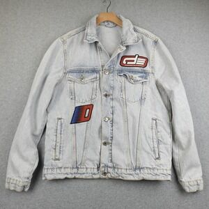 Zara Distressed Denim Jacket Mens Medium Graphic Patches Button Light Wash AOP